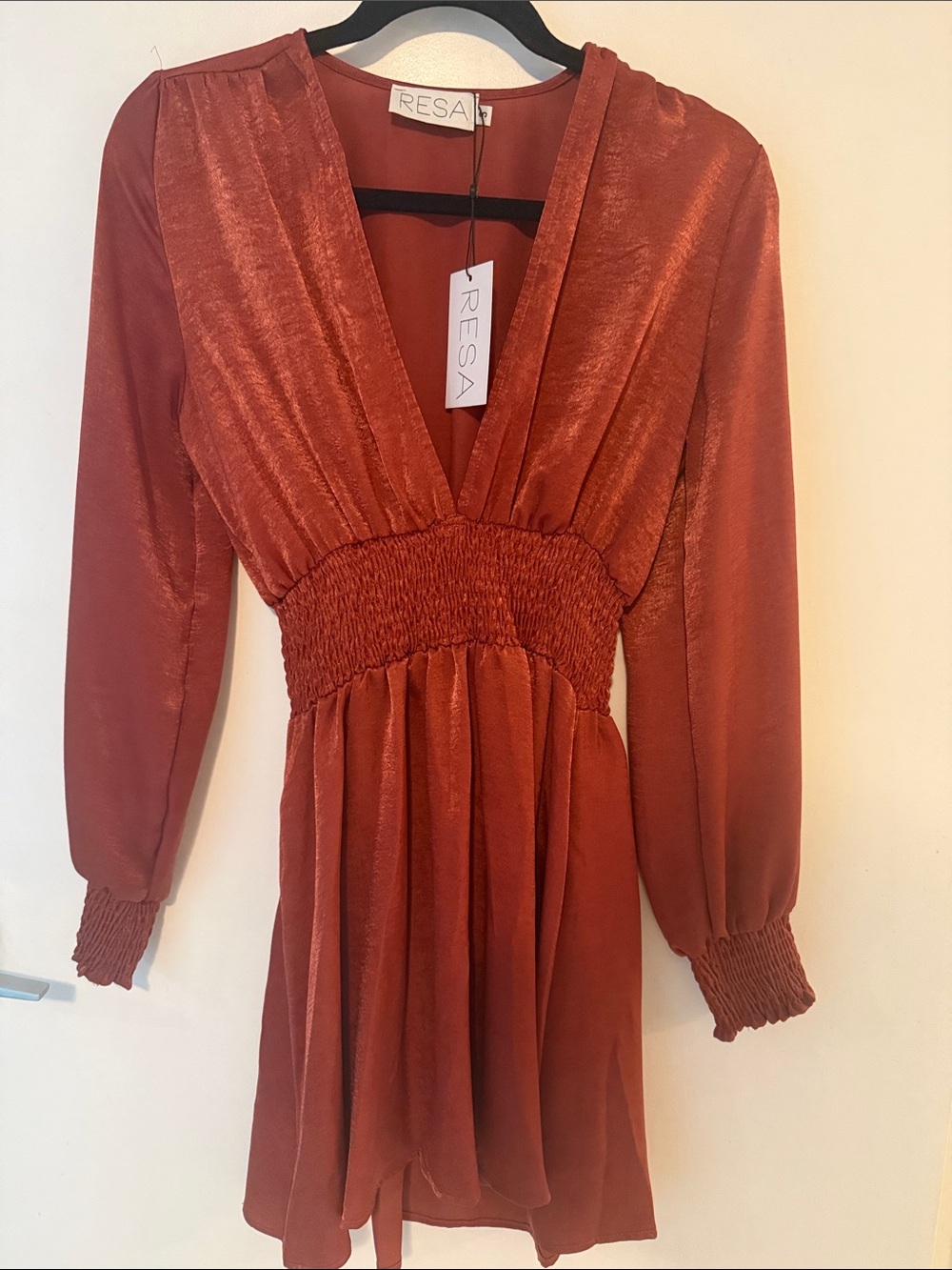 RESA Rust Red V-Neck Smocked Waist Mini Dress